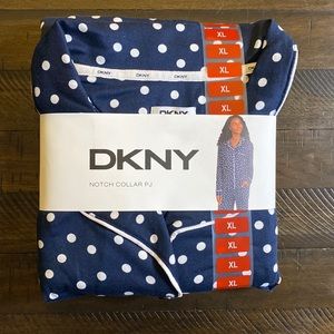 Brand New DKNY Notch Collar Pajama Set Navy Blue with white dots. Size XL